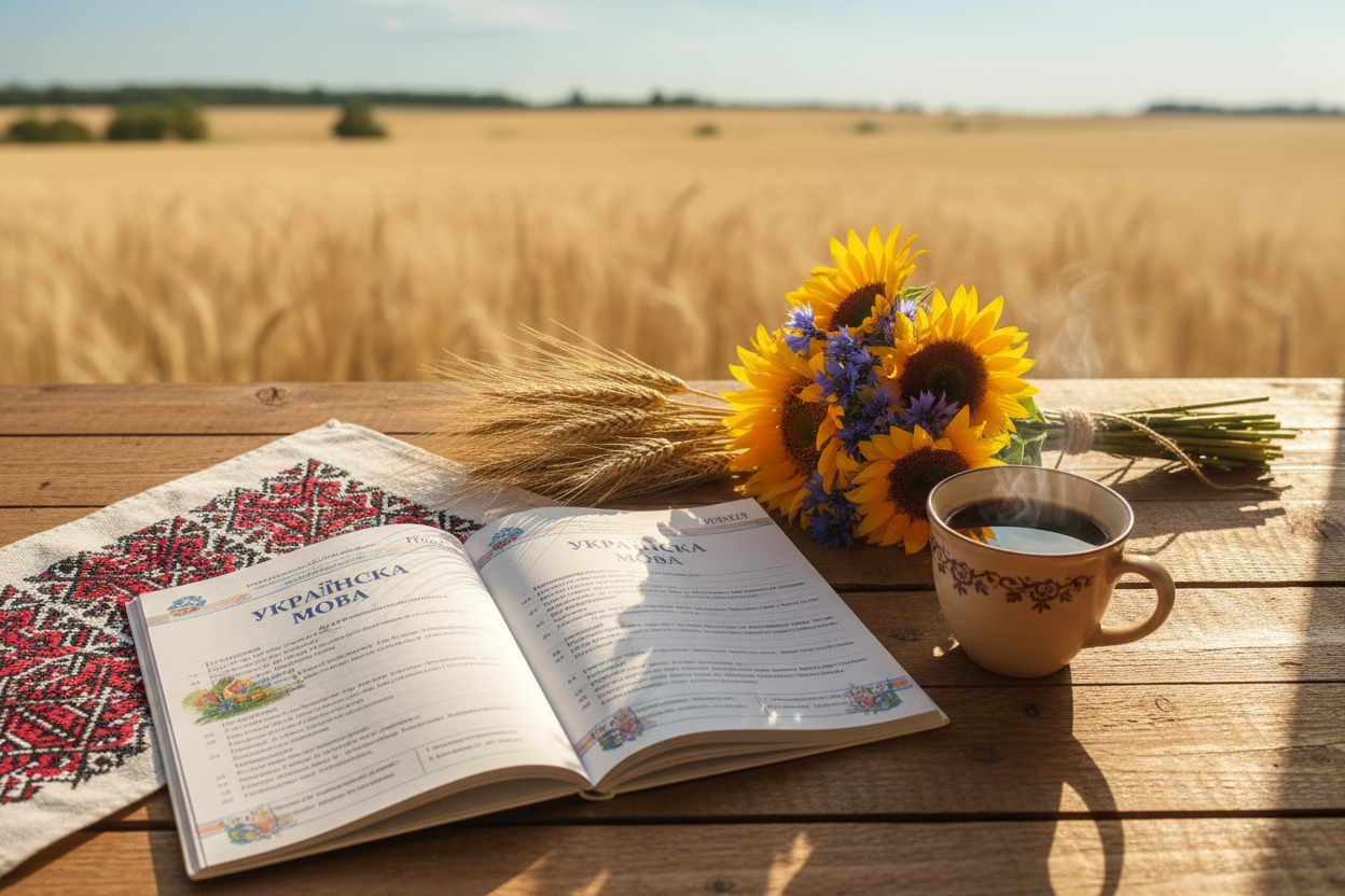 A cozy flat lay scene in Ukrainian style — an open Ukrainian language workbook lies on a wooden table, next to a traditional embroidered rushnyk (Ukrainian towel), a cup of coffee, wheat stalks, and a small bouquet of sunflowers and blue cornflowers. Warm morning sunlight falls across the table. In the background, a soft view of a Ukrainian countryside through the window — golden fields and blue sky. The atmosphere feels calm, warm, and inspiring, symbolizing love for Ukrainian culture and language. Soft na